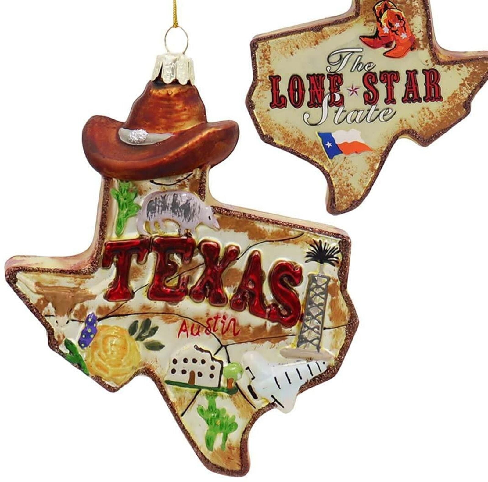 Kurt Adler State of Texas Outline Glass Christmas Ornament C7589 New